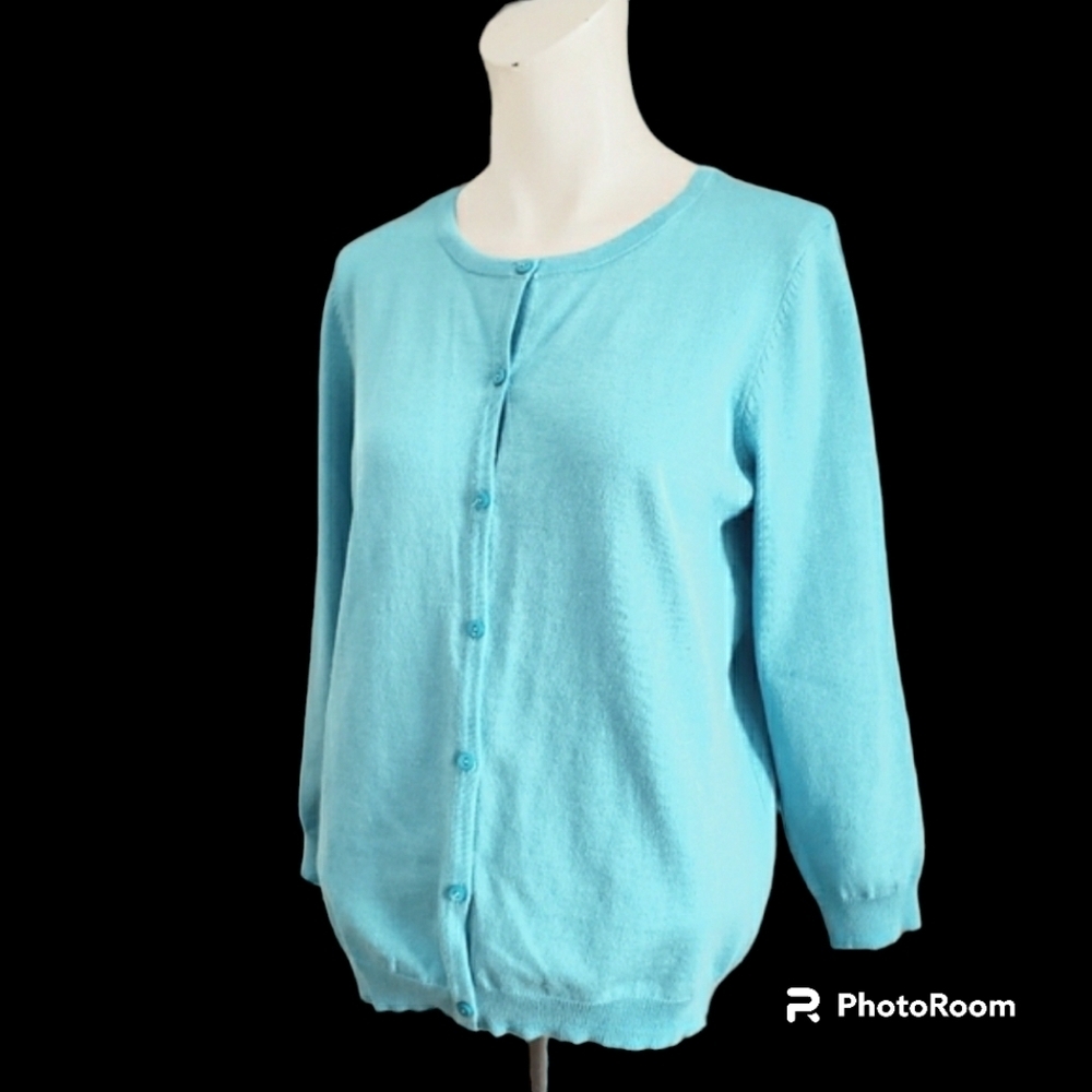 Architect Petite Aqua Blue Knit 3/4 Sleeve Cardigan Sweater, Size PL